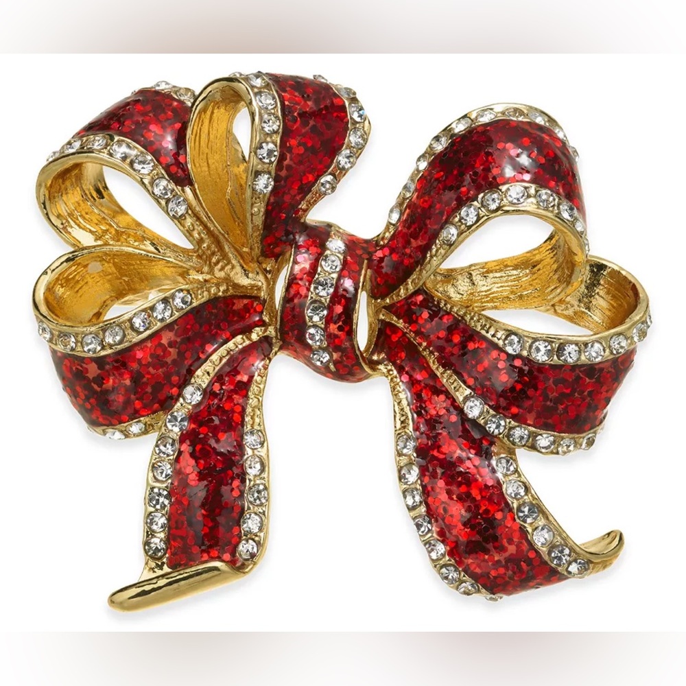 Holiday Lane Gold-Tone Crystal & Epoxy holiday Gift Bow Pin/brooch